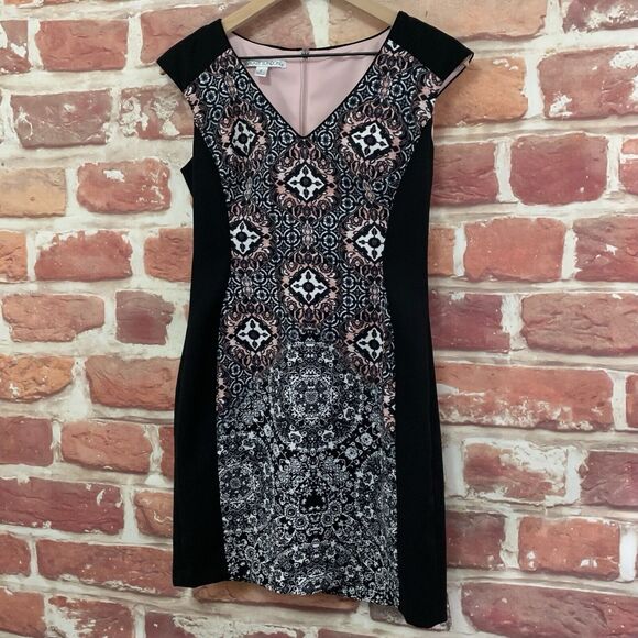 Maggy London Dress Women's Size 6 Black Pink Boho Abstract Stretchy Zip Up - Picture 3 of 10